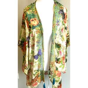 Johnny Was Silk Cover-Up Kimono Butterflies Floral Boho Chic Gypsy Beach Resort